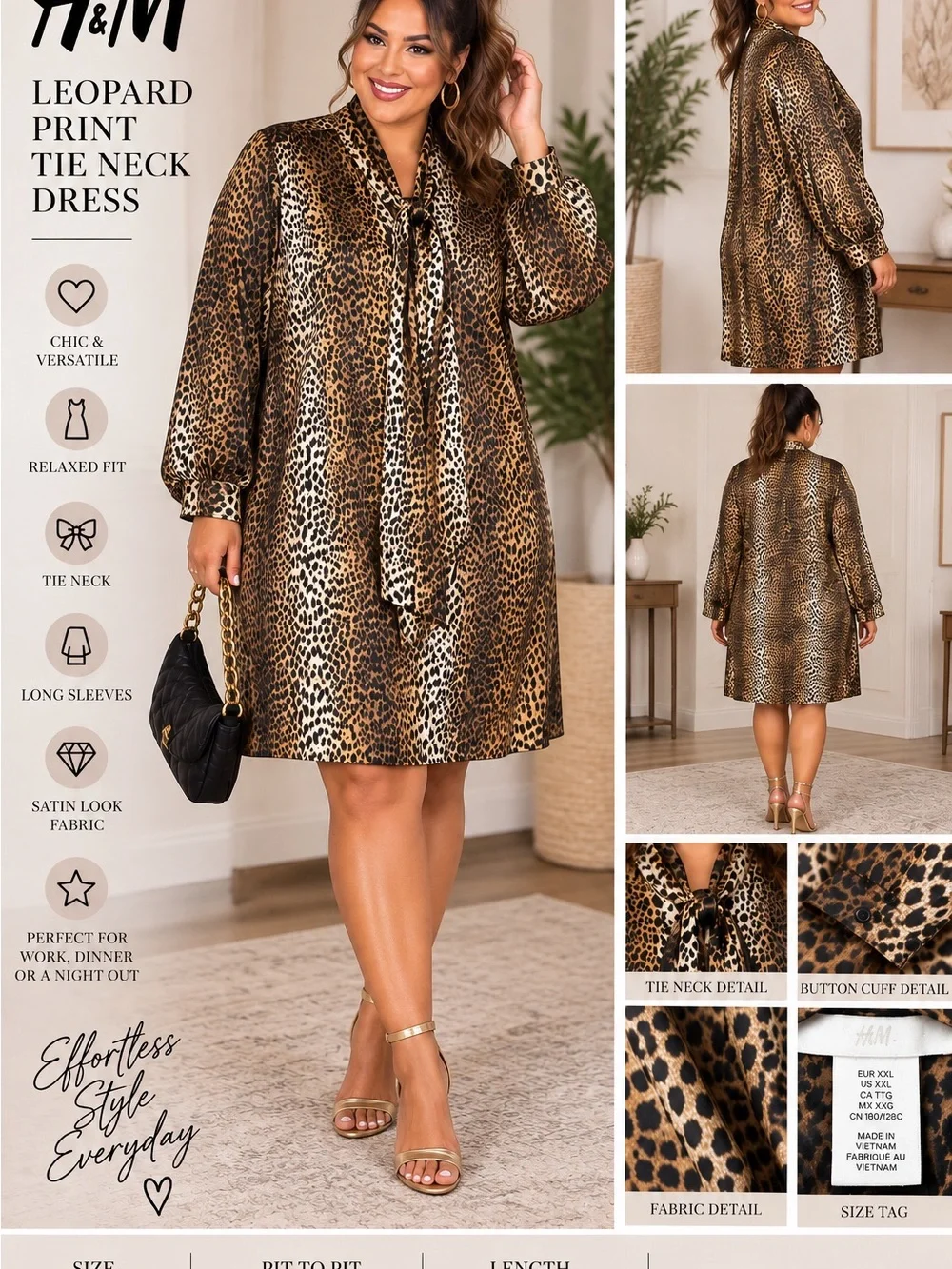 H&M XXL Leopard Print Satin Tie Neck Long Sleeve Shift Dress